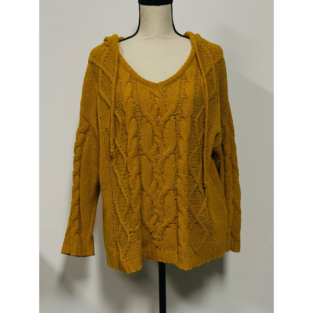 Love Tree V-Neck Hooded Cable Knit Sweater Gold Size L